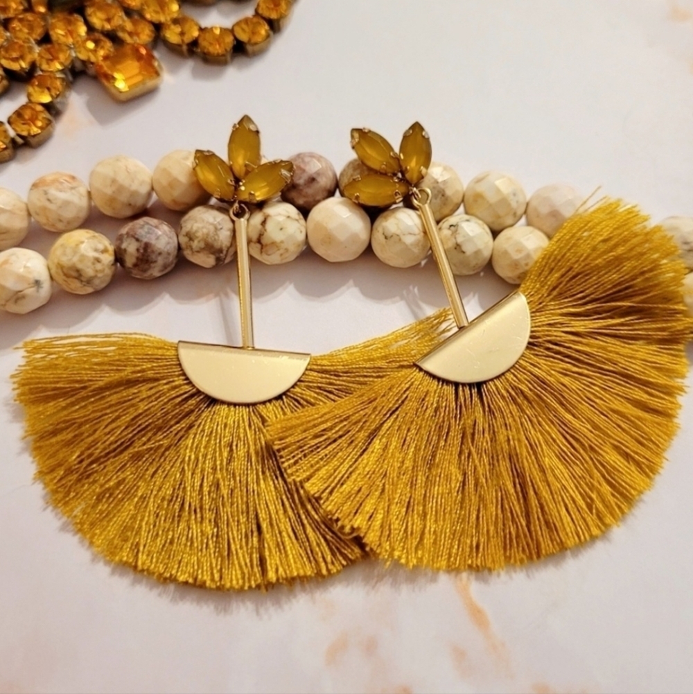 Cha Cha Golden Amber Art Deco Silk Tassel Earrings